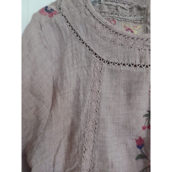 Umgee floral embroidered boho blouse S mocha brown lace trim peasant hippie - Picture 4 of 10